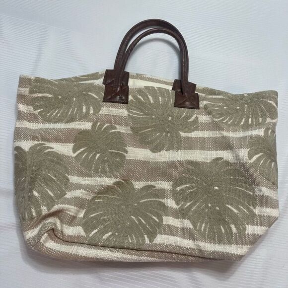 J Jill Purse Large Tan Fabric Handbag Hobo Bag Boho Tropical Leaves Lightweight - Picture 1 of 10